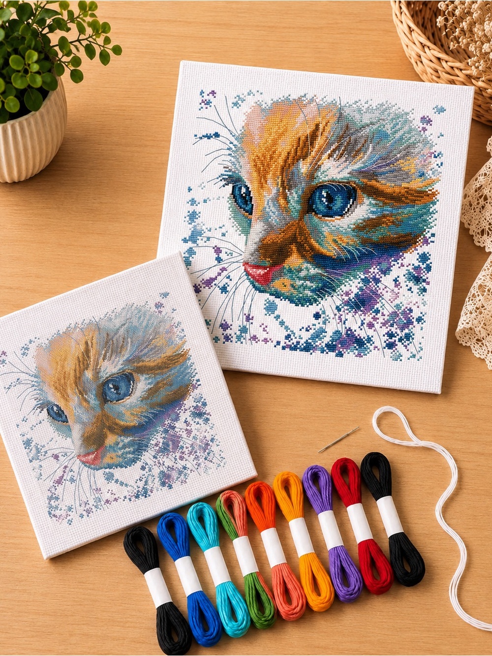 Watercolor Cat Cross Stitch Kit – Stamped Beginner Cross Stitch Kit